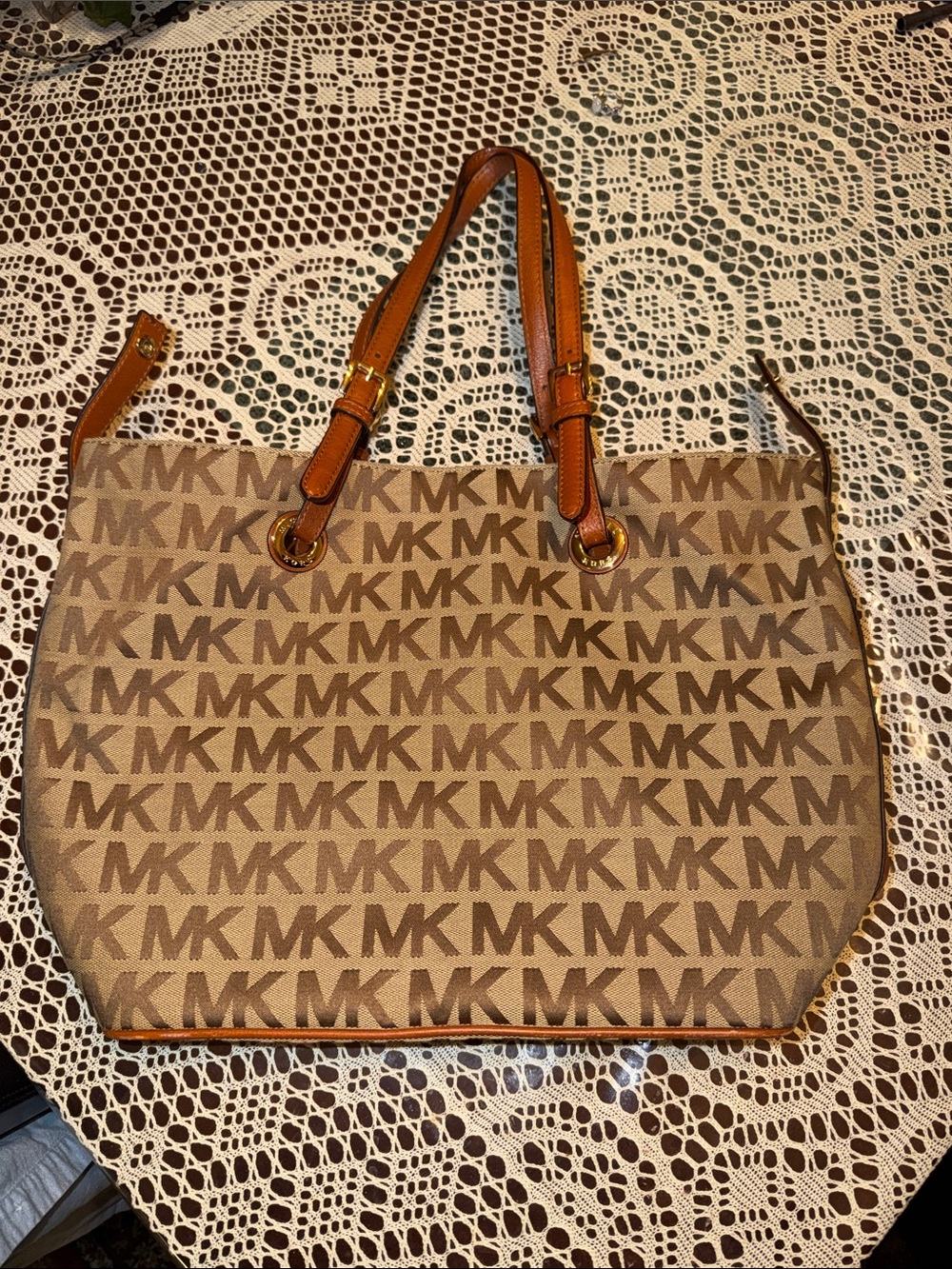 Michael Kors Tan and Brown Signature MK Tote